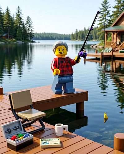 A LEGO figure fishing on a dock by a lake with scenic trees and cabins.