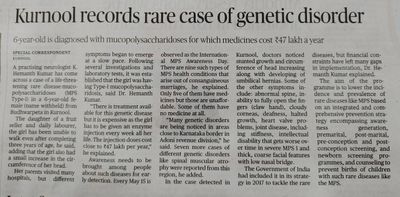 A case of mucopolysaccharidosis published in hindu news paper by neurologist dr hemanth kumar