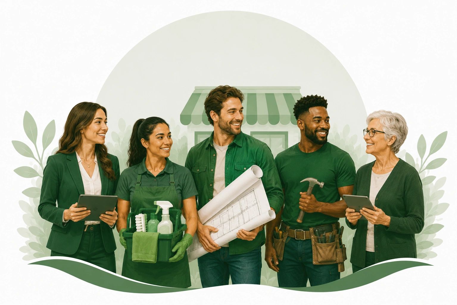 Diverse professionals representing various trades and services, smiling and looking at each other.