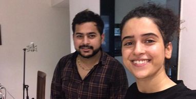 A picture of Sanya Malhotra Dubbing for Spawake Commercial at home.