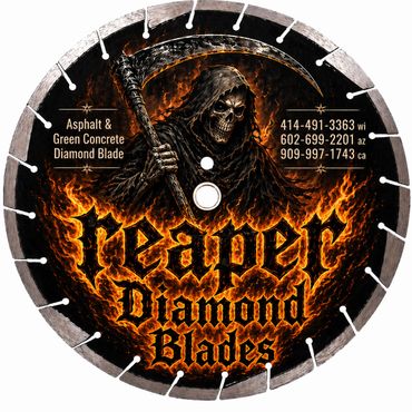 Circular diamond blade with fiery grim reaper design and contact info for asphalt and concrete cutting.