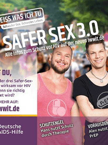 Awareness campaign on safer sex methods to prevent HIV with smiling men and rainbow flag.