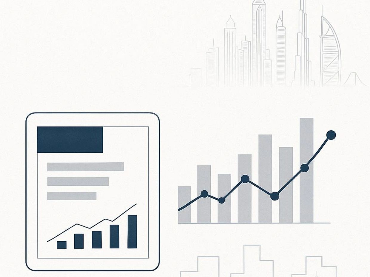 Minimal UAE skyline illustration with financial charts and reporting dashboard.