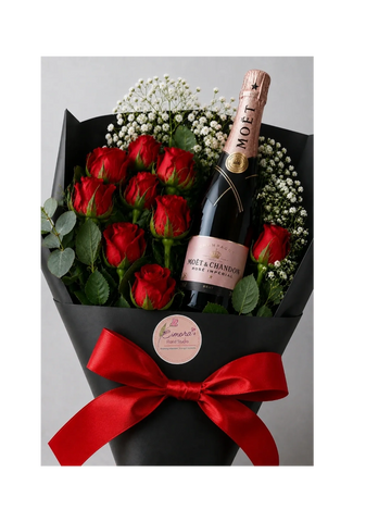 Elegant bouquet with red roses and a bottle of Moët & Chandon champagne.