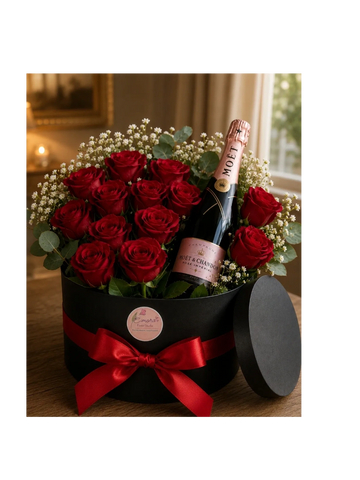 Elegant black hat box with red roses and a bottle of Moët champagne.