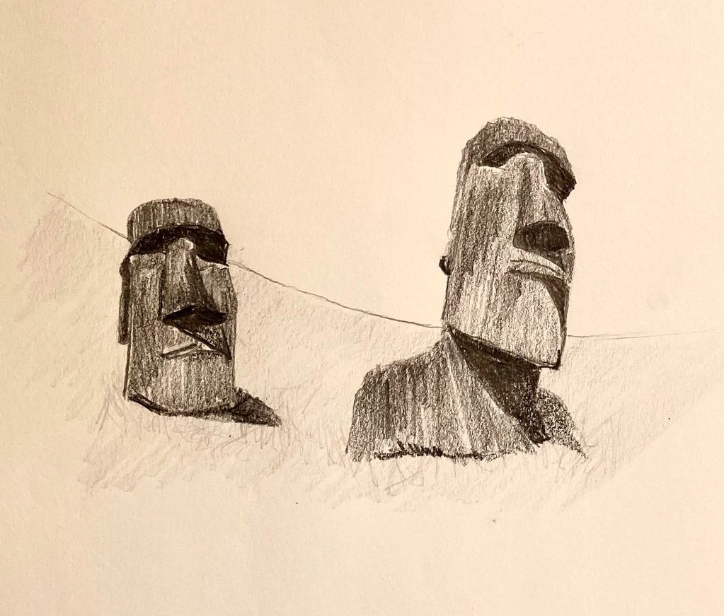 Easter Island, totems, heads, graphite
