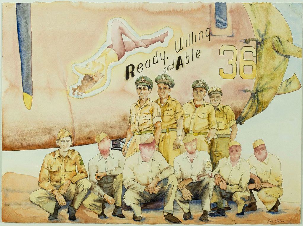 WWII, bomber, B-24, flight crew, Ready Willing & Able, watercolor, warm tones, historic, Liberator