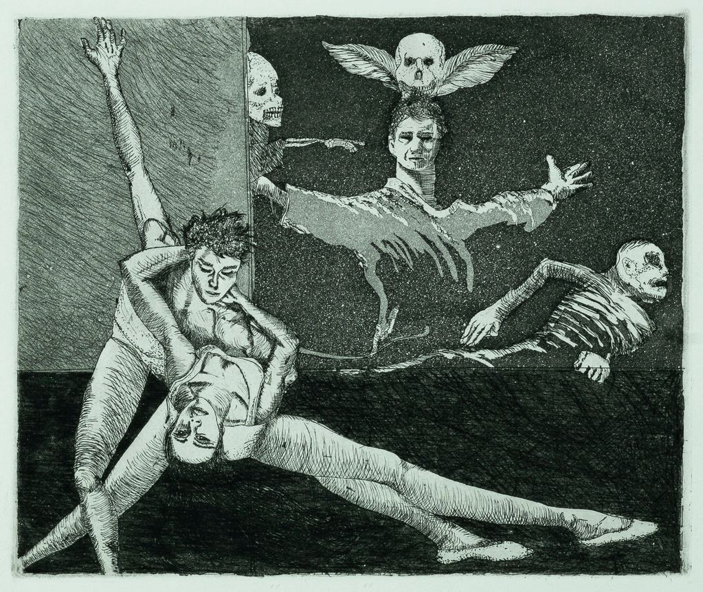 etching, black & white, dancers, resurrection, skeleton, death, mystery, foretold