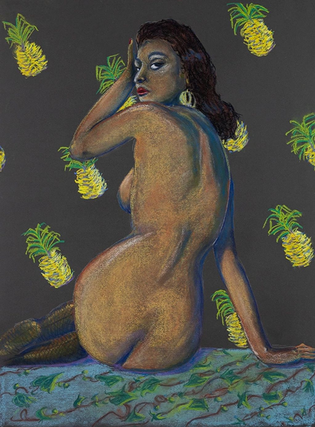pinup, sexy, erotic, pineapple wallpaper, vibrant color, Latina
