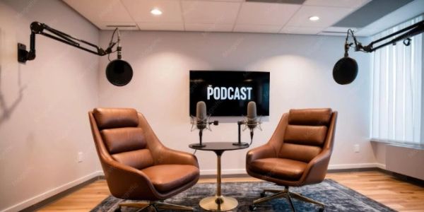 Cozy podcast recording setup with two leather chairs and microphones.