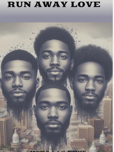 Artistic poster featuring four men's faces above a city skyline with the title 'Run Away Love'.