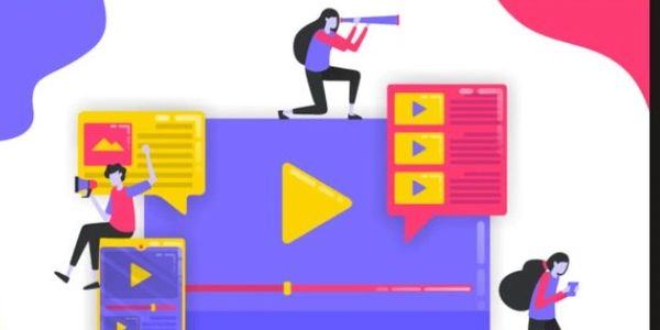 Illustration of people interacting with large video and media icons.
