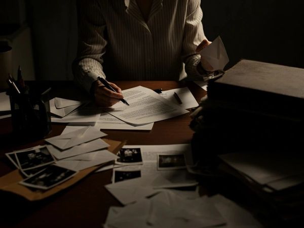 AI generated image of woman at a desk sorting papers