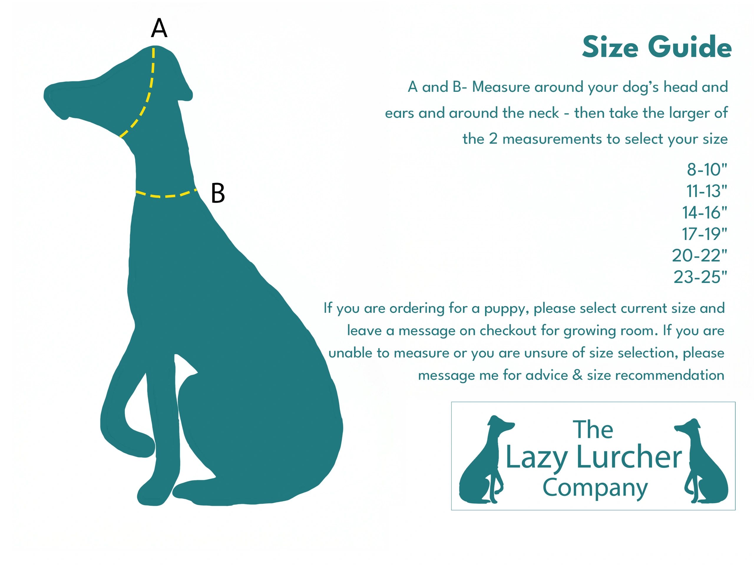 The Lazy Lurcher Company size guide.