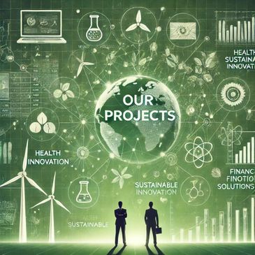 Two professionals review sustainable innovation projects with green technology icons.