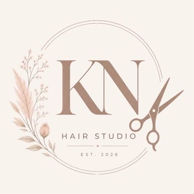 Elegant KN Hair Studio logo with scissors and floral design in soft beige tones.