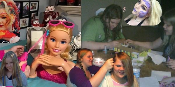 Collage of girls playing, crafting, and dolls with colorful makeup and accessories.