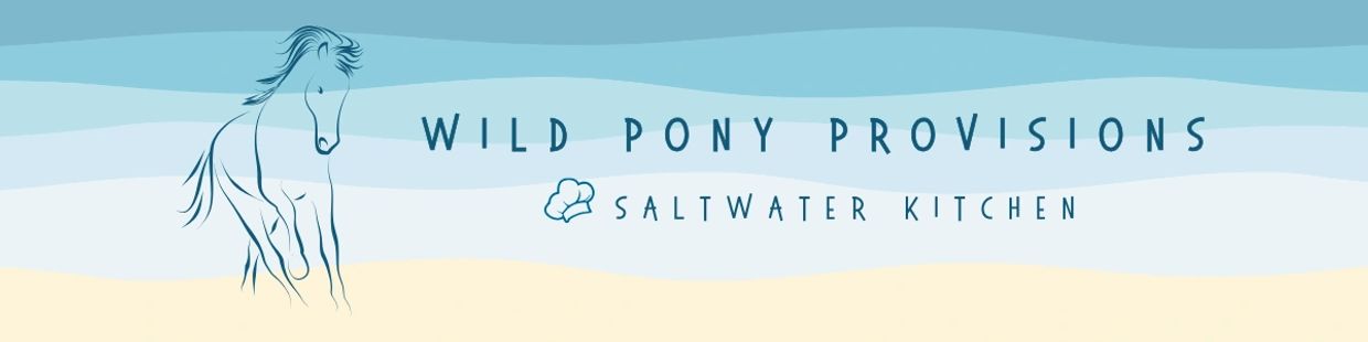 Logo with a sketch of a wild pony and text for Wild Pony Provisions Saltwater Kitchen.