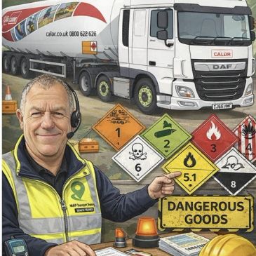 Man pointing to dangerous goods warning signs beside a Calor truck.