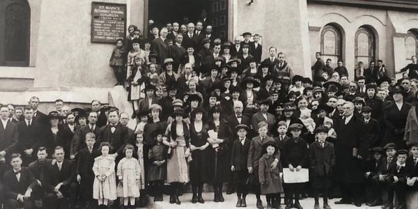 Large group photo outside St. Mary's church.