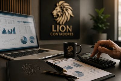 Trabajador usando calculadora en oficina con gráficos financieros.