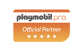 Ornage and white Playmobil pro official partner logo.