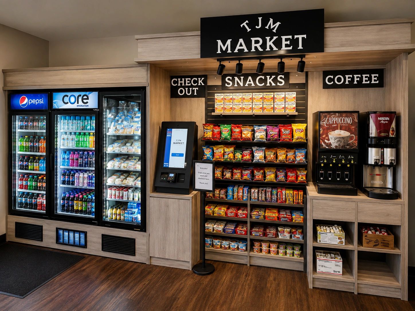 Modern micro market with self-checkout, snacks, drinks, and coffee in Rockford, IL.