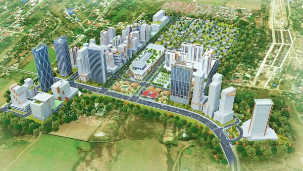 3D urban development model with high-rise buildings and roads.