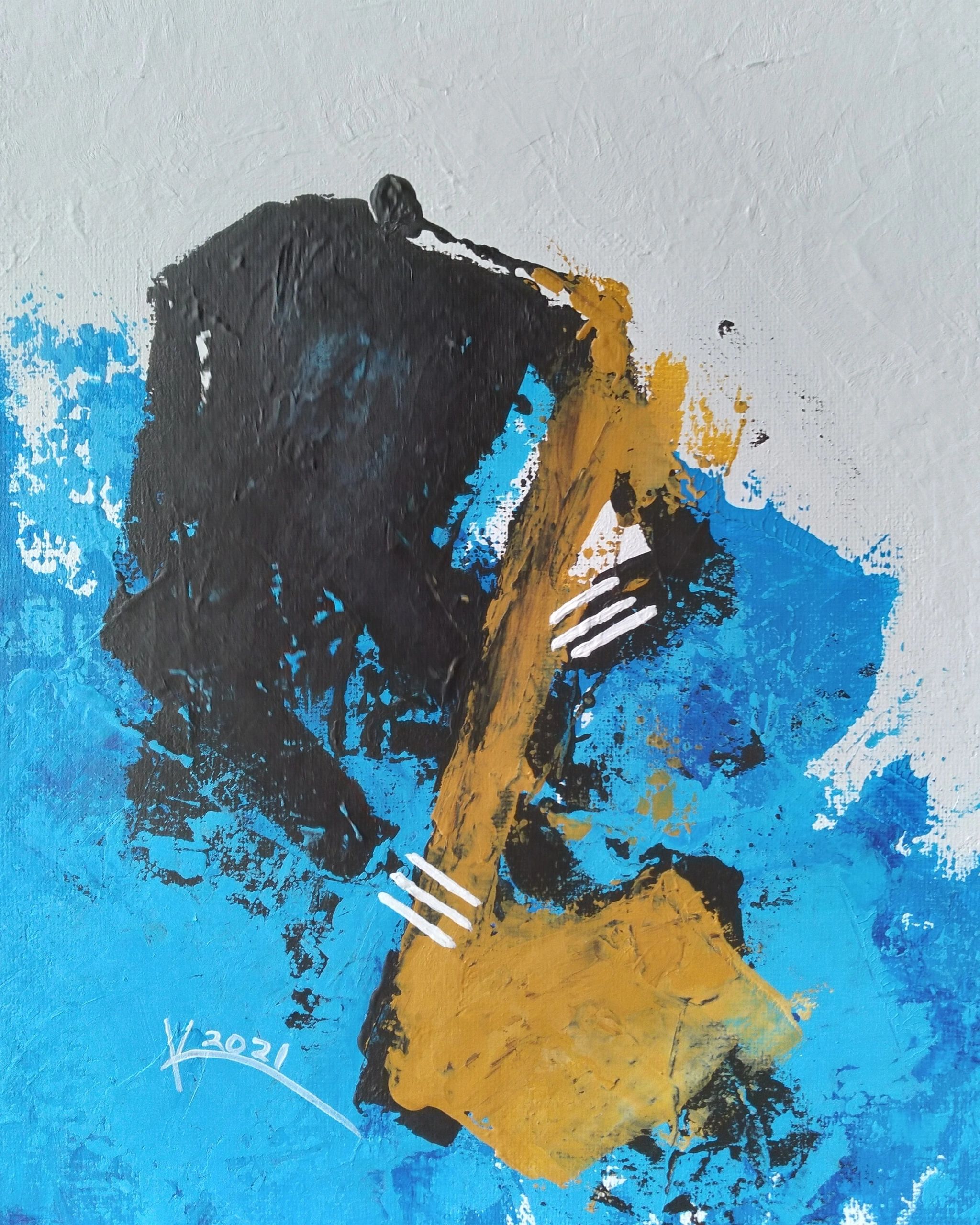 This is an original acrylic abstract jazz saxophonist painting by painter Kenneth Joslin.