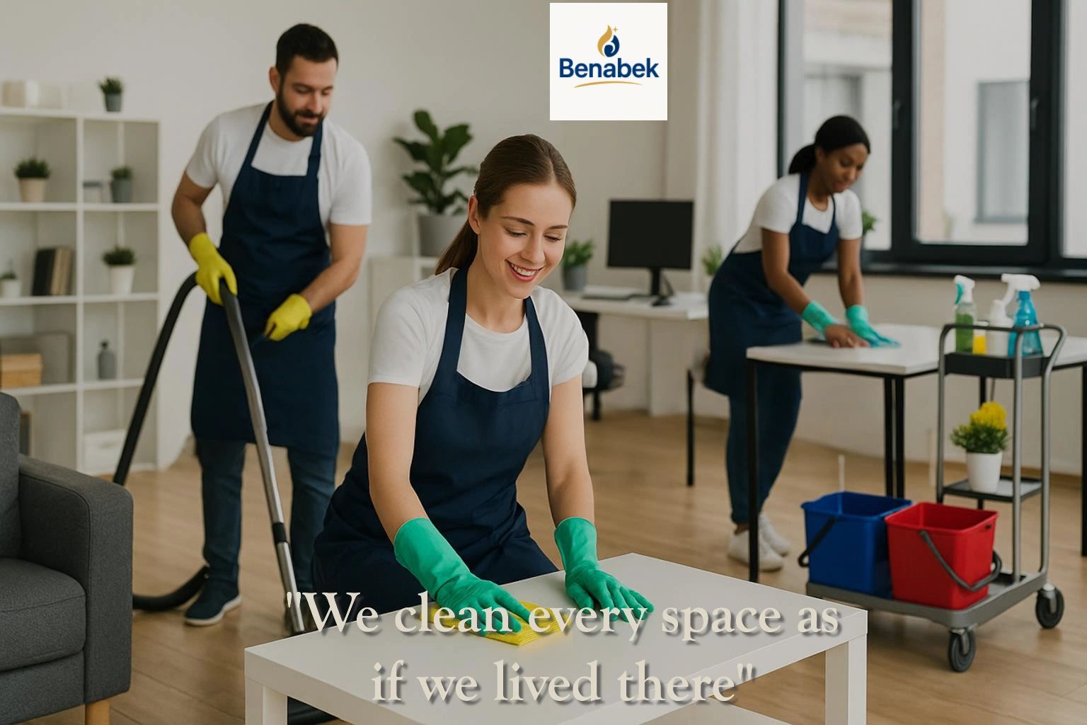 Professional cleaners in aprons cleaning an office space with care and attention.