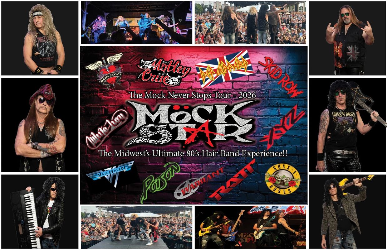 Promotional collage for Mock Star, an 80's hair band tribute tour with band member portraits and live concert shots.