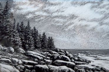 black and white landscape, pastel drawing on canson black paper