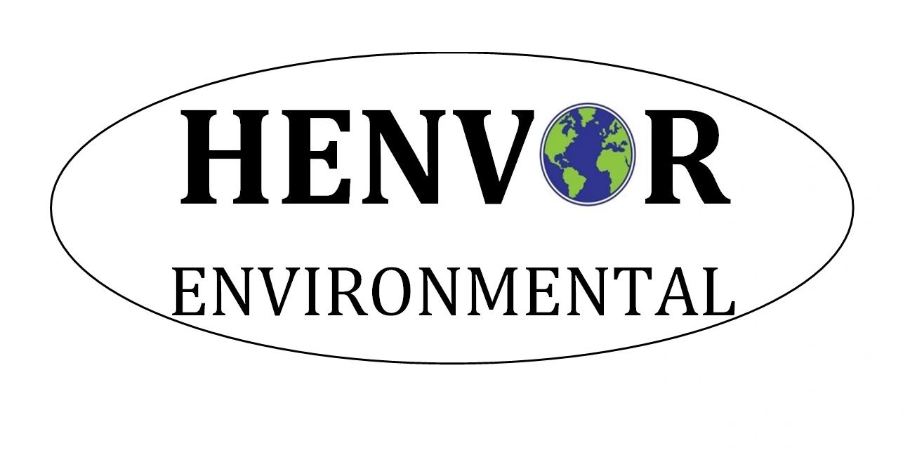 Black, white blue and green image showing a world logo and black lettering for Henvor Environmental
