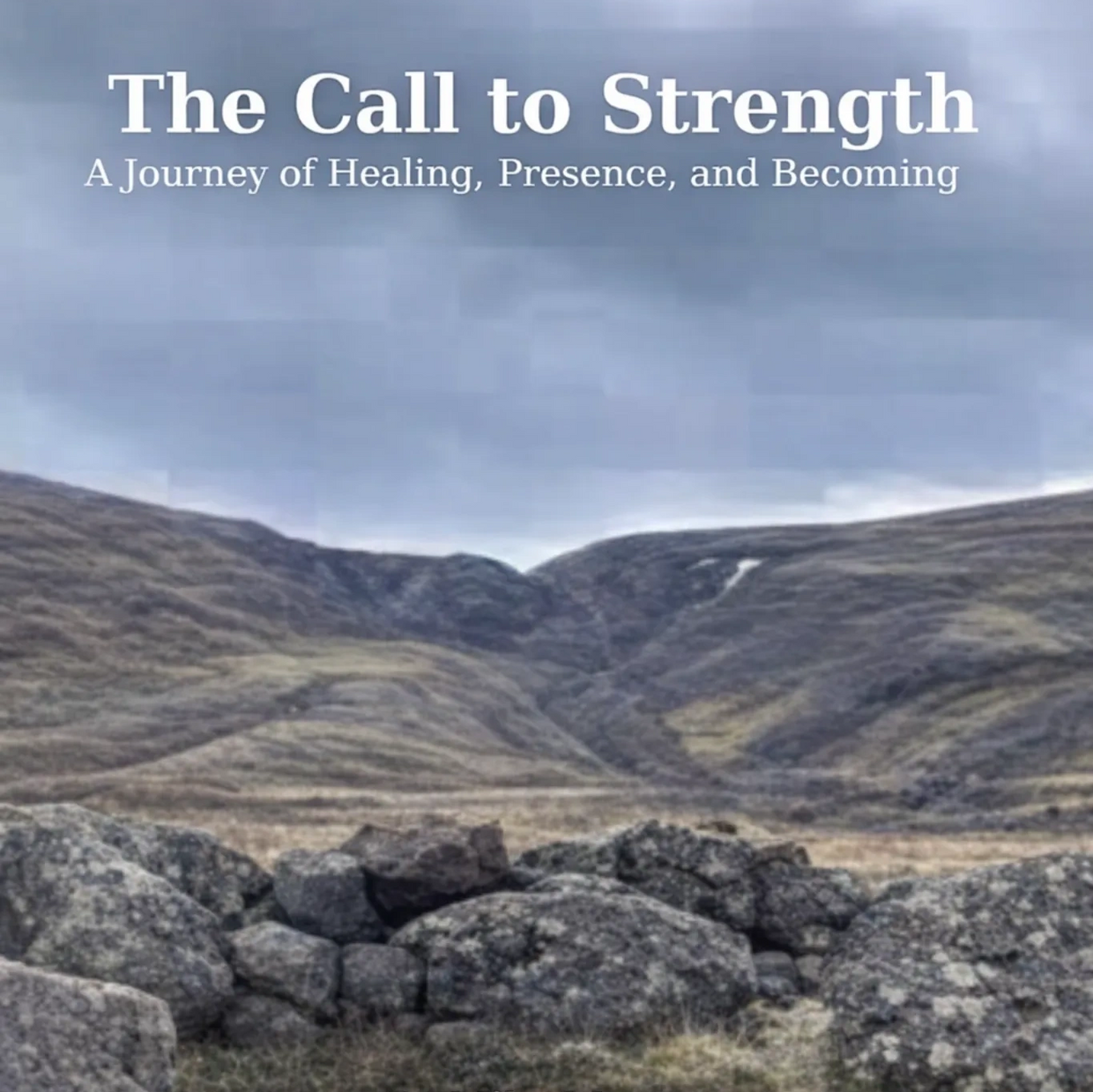 Rocky landscape under a cloudy sky with text about strength and healing.
