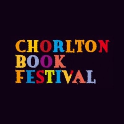 Colorful text displaying 'Chorlton Book Festival' on a dark background.