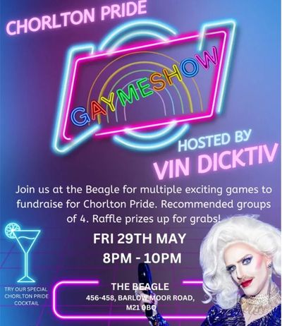 Neon poster for Chorlton Pride Gaymeshow fundraiser event.