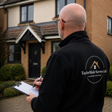Surveyor inspecting a house with clipboard.