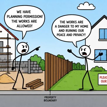 Two stick figures argue over property boundary construction work.