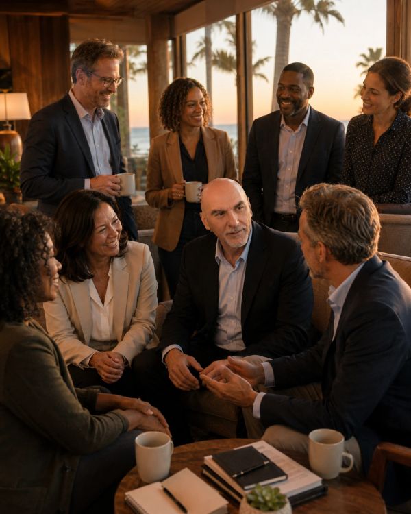 Colleagues having an engaging discussion with coffee.