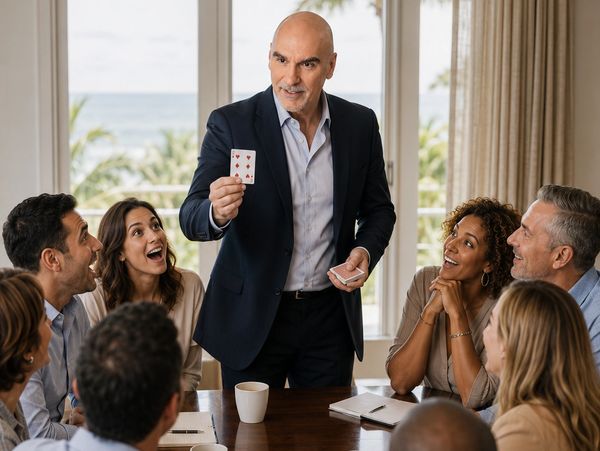 Man performs a card trick for an amazed group.