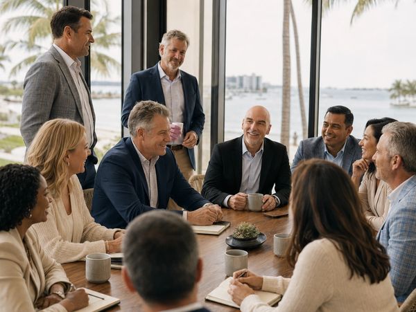 A group of professionals having a meeting with smiles and coffee.