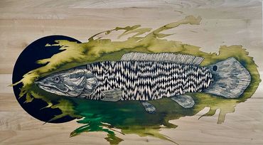 Bowfin | 2023 | 48" x 28" | Pen and ink on wood panel.