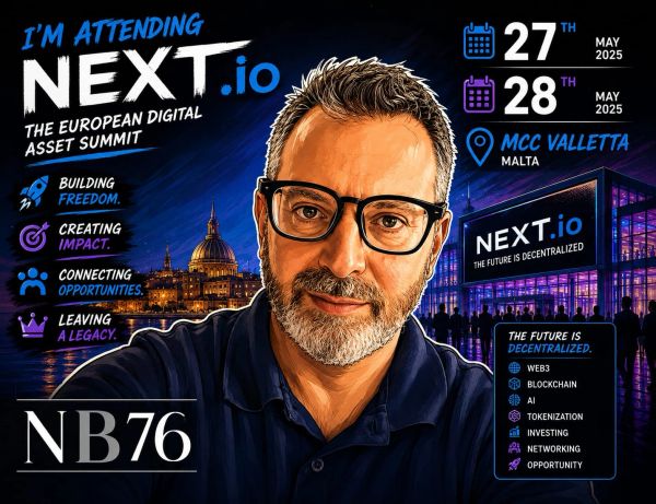 Man attending NEXT.io digital asset summit in Malta, May 2025.