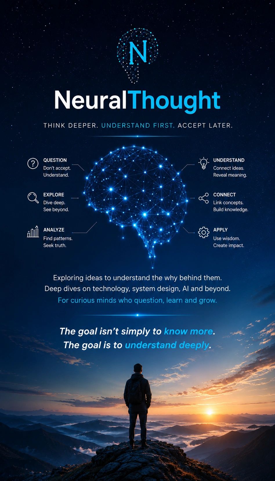 Infographic on Neural Thought and deep understanding with a person overlooking a sunrise.