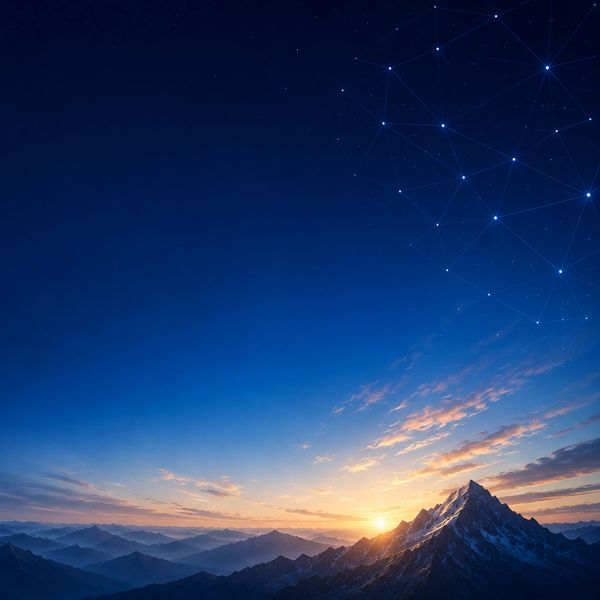 Sunrise over mountain peaks with starry sky network.
