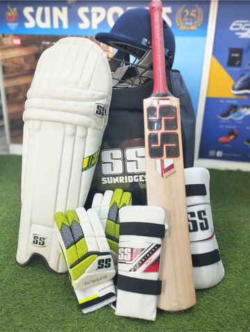 Cricket Kit Sun Sports Trichy Bat Helmet Leg Arm Thigh Pad English Willow Gloves Shoe SS SG MRF DSC