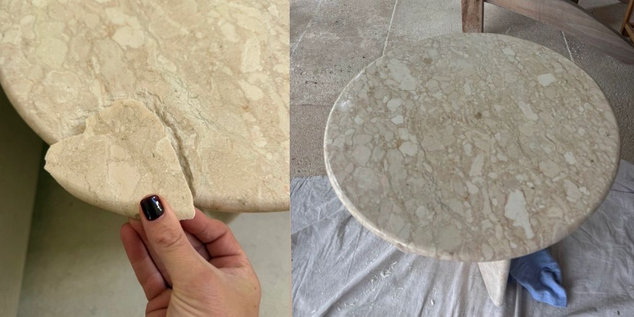 Before and after repairing a broken marble table top.