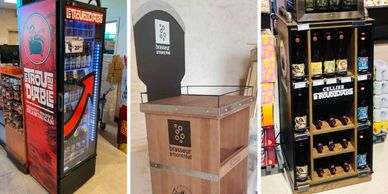 Présentoirs en bois et impression d'habillage de frigo de magasin Trou du Diable et Brasseur de Mont