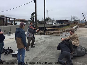 Josh Gates having some fun on TV show Expedition Unknown.