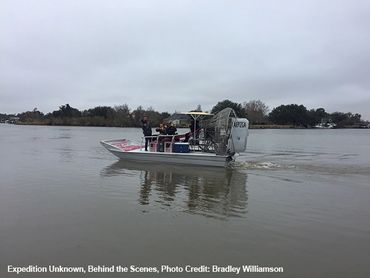 An air-boat with some cameramen and sound techs for filming Bradley Williamson.